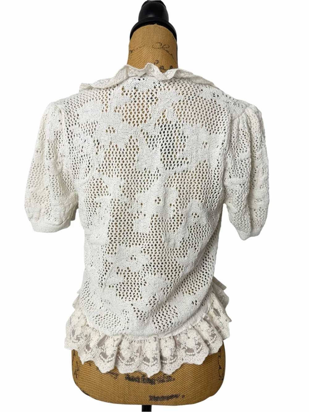 Zara Cream Open Knit Lace Ruffle Peplum Top Large Cottagecore Boho